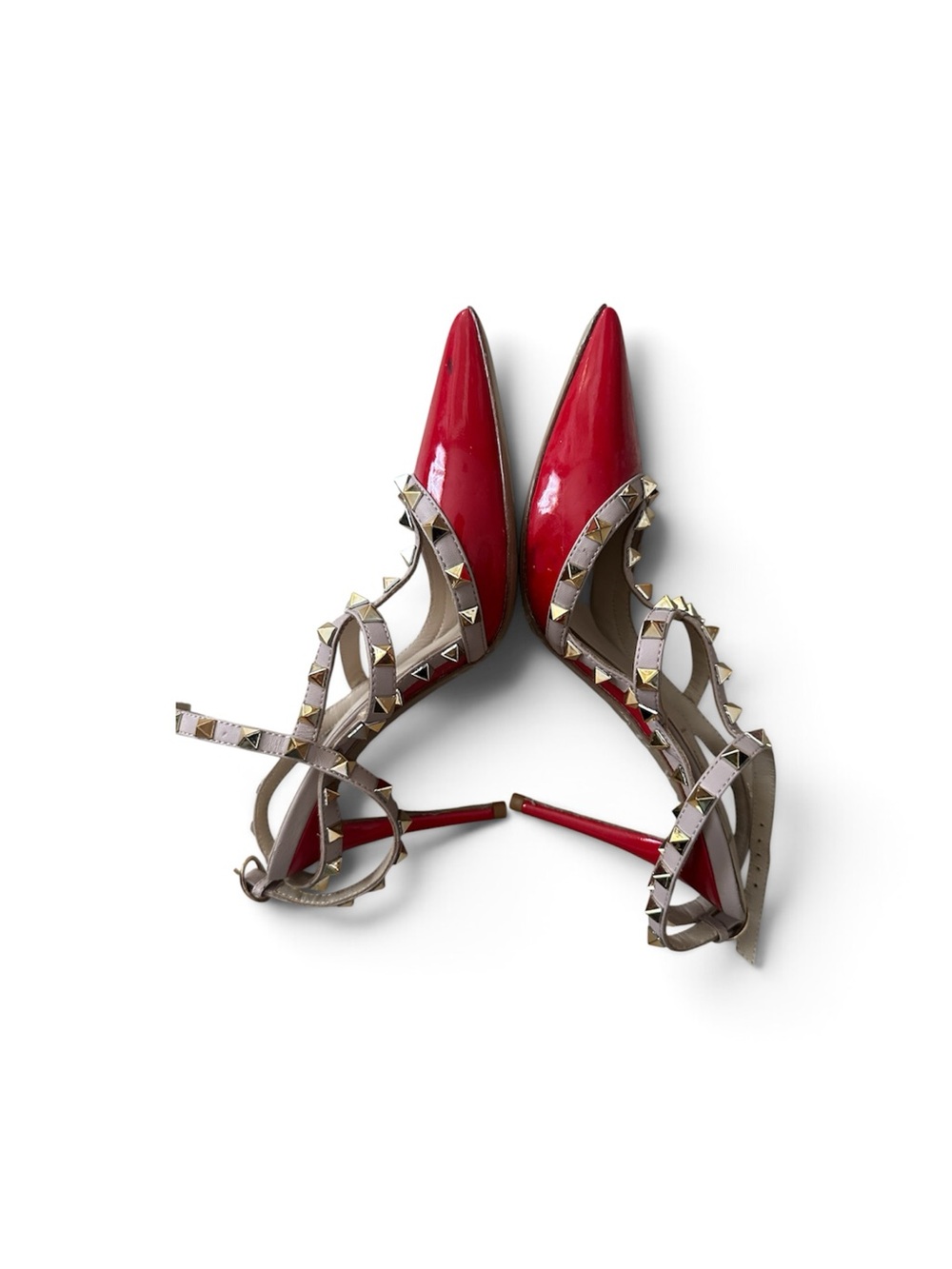 women’s Valentino Red Pointed-Toe Rockstud T-Strap Heels with Beige straps